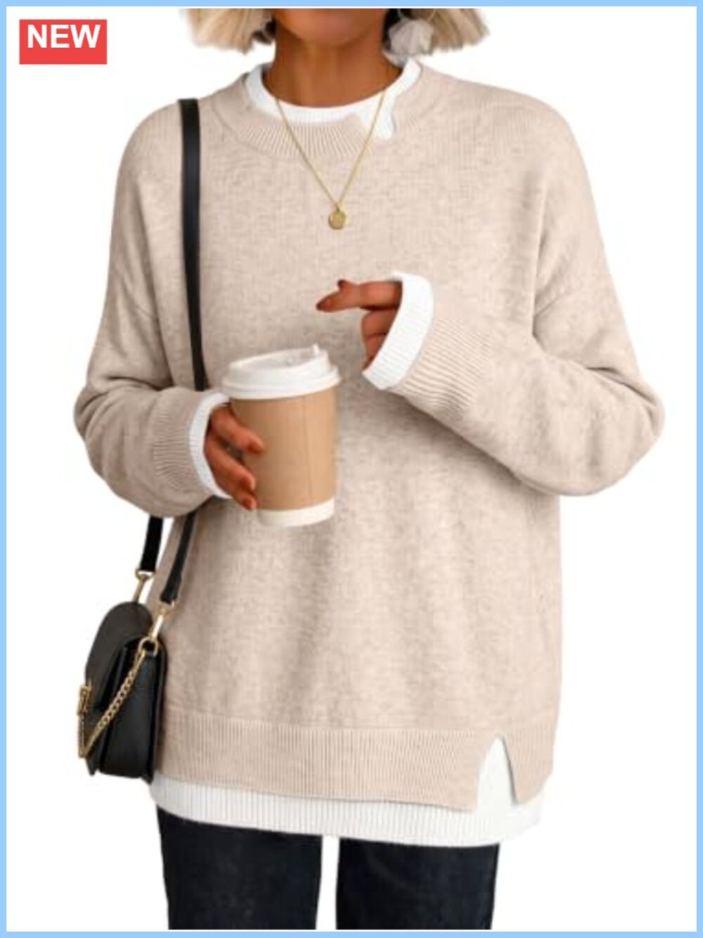 Oversized Patchwork Sweater Women Crewneck 2-in-1 Knit Top Teacher Fall
